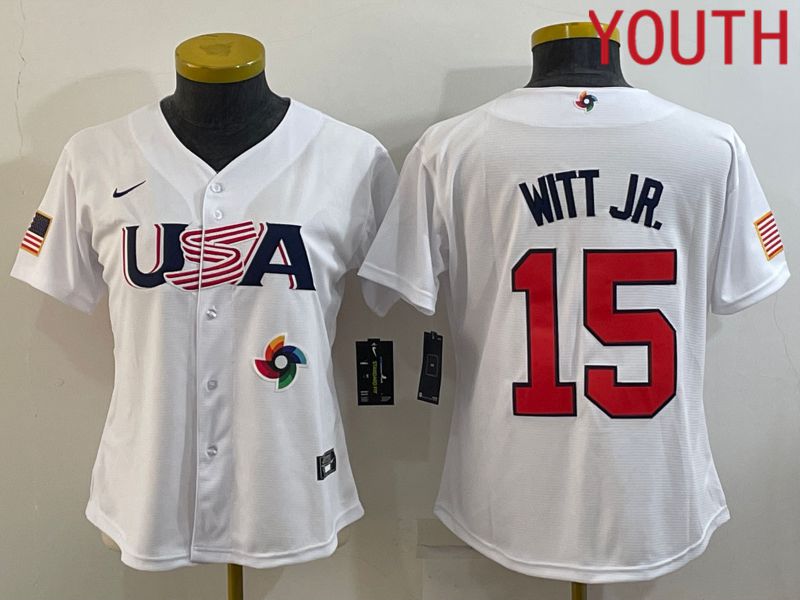 Youth 2023 World Cub USA #15 Witt jr White MLB Jersey7->youth mlb jersey->Youth Jersey